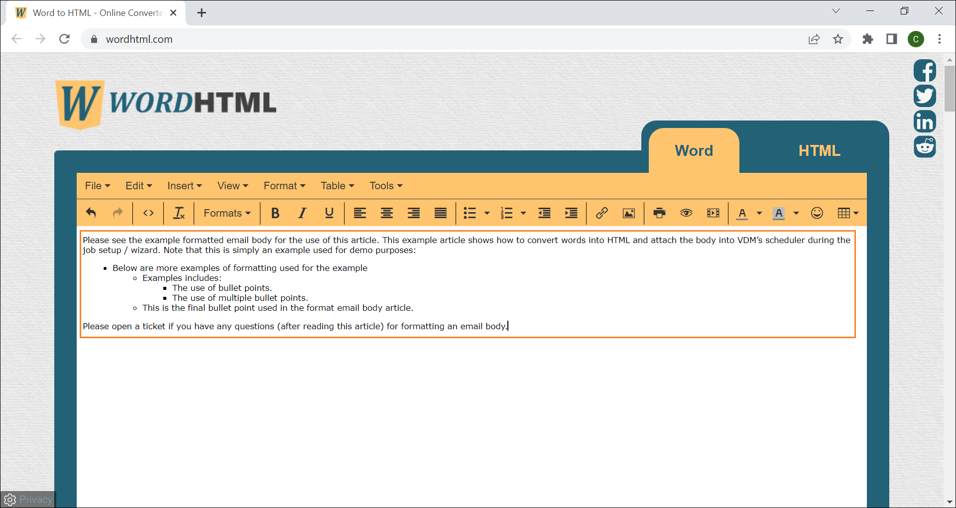 Format email body bridgeworks help center