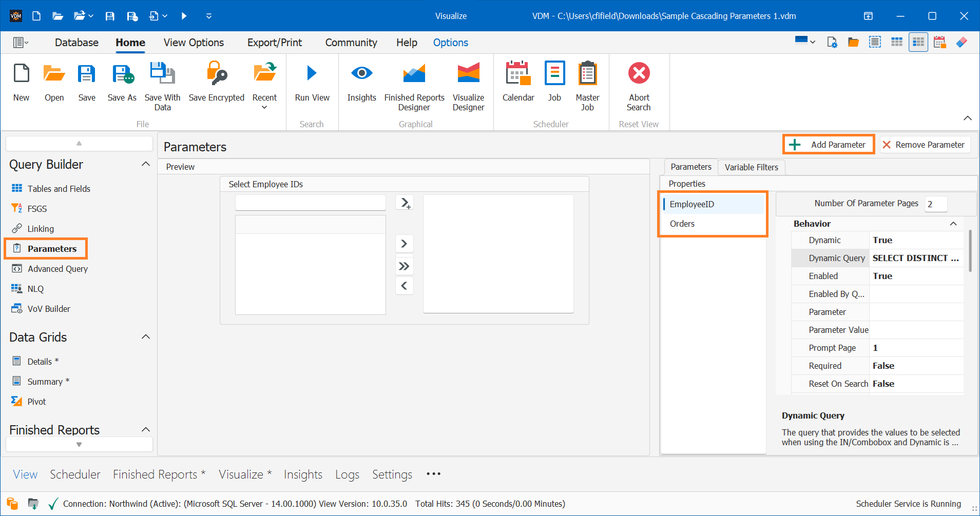 Creating Cascading Parameters in VDM Using Dynamic Queries ... image.