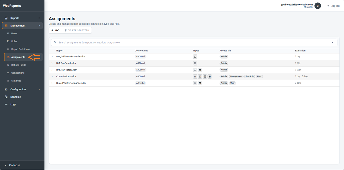 WebReports Assignments page under Management, showing reports, connections, types, access roles, and expiration