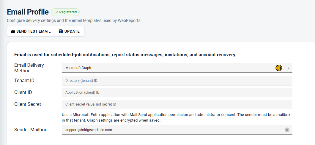 WebReports Microsoft Graph Email Profile showing Tenant ID, Client ID, Client Secret, and Sender Mailbox