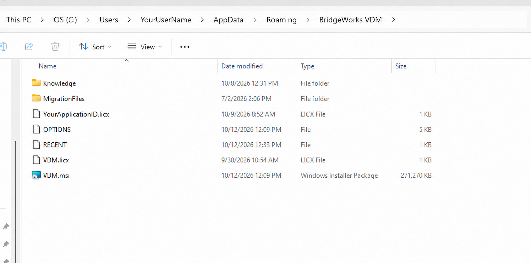 VDM AppData folder showing YourApplicationID.licx and an older VDM.licx file